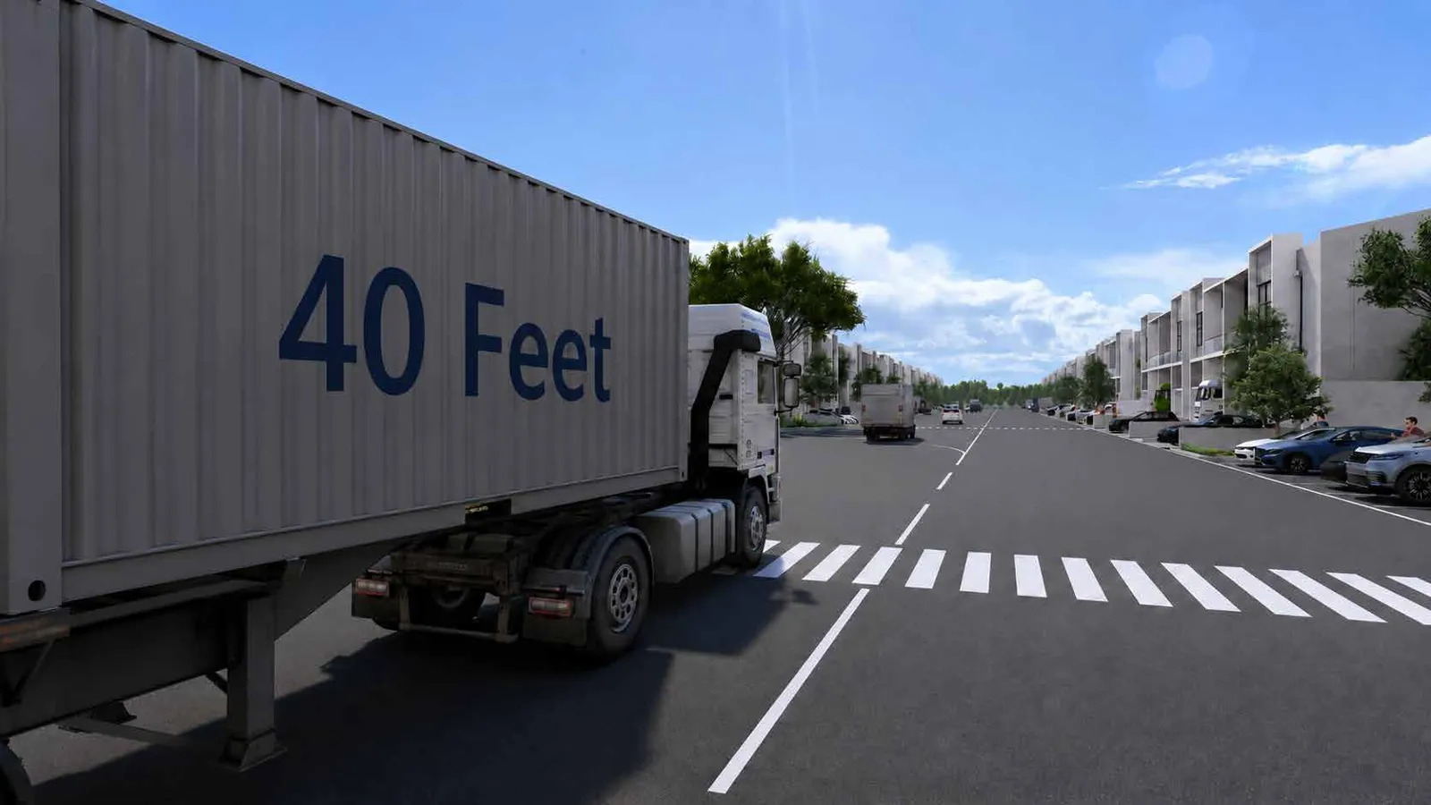 Truk kontainer 40 feet melintas di jalan kawasan AURA Modern Warehouse Batam