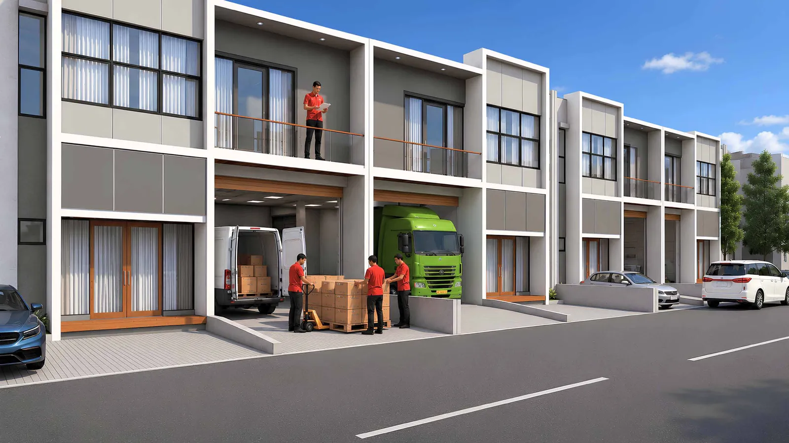 Gudang 2 lantai dengan balkon dan area bongkar muat di AURA Modern Warehouse Batam