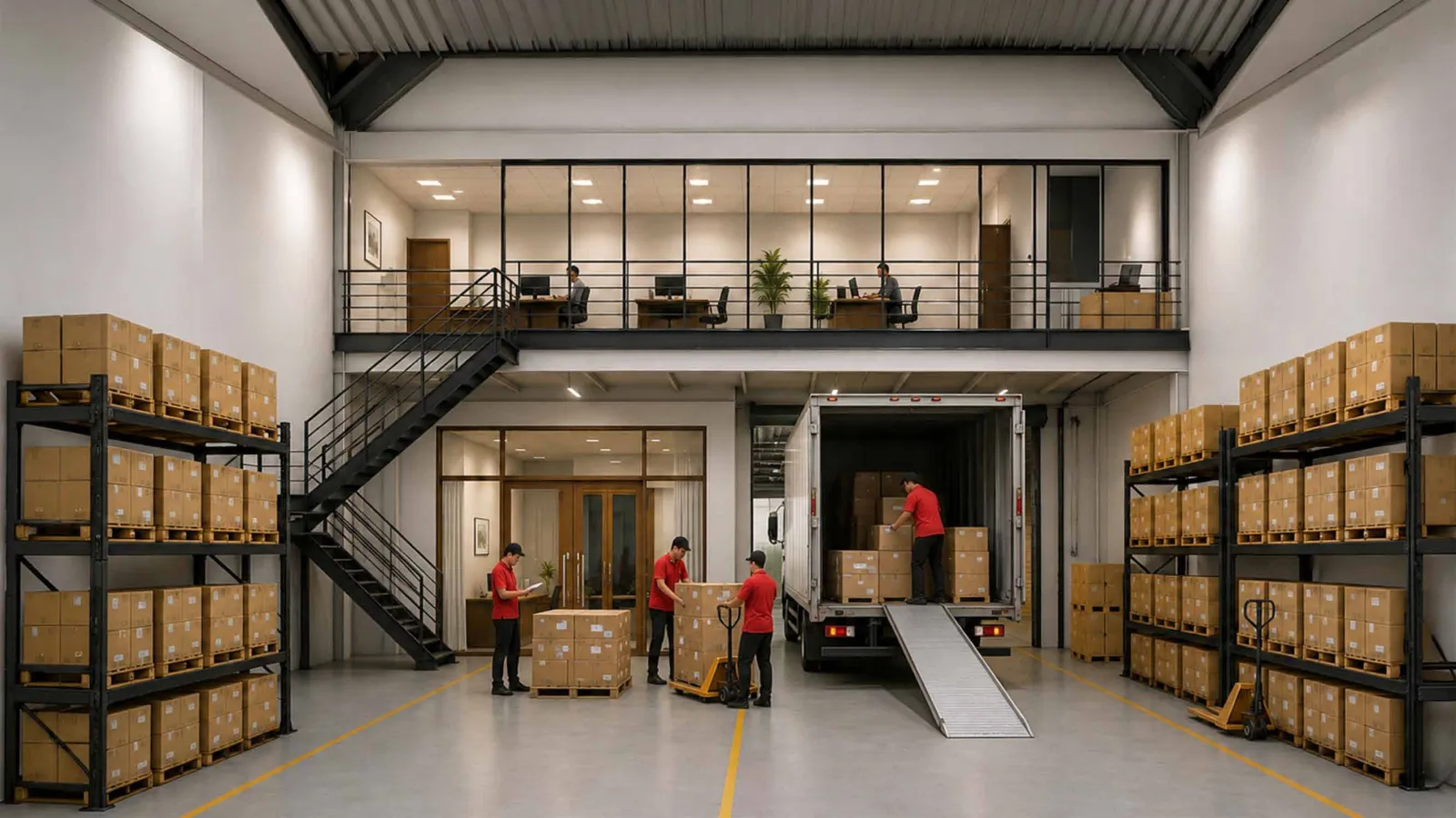 Interior gudang modern di Batam dengan rak penyimpanan dan kantor mezzanine