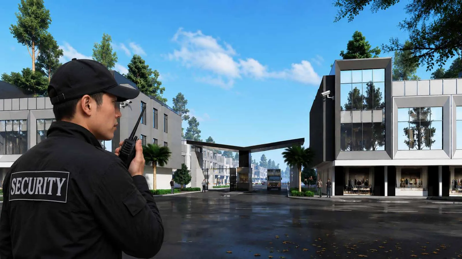 Petugas keamanan dan gerbang one gate system di AURA Modern Warehouse